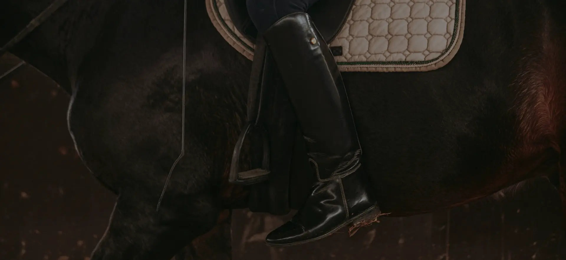 Gesatteltest Pferd mit Reiter mit Reitstiefeln