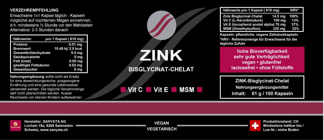 ZINK Bisglycinat-Chelat 100 Kapseln Sanyata